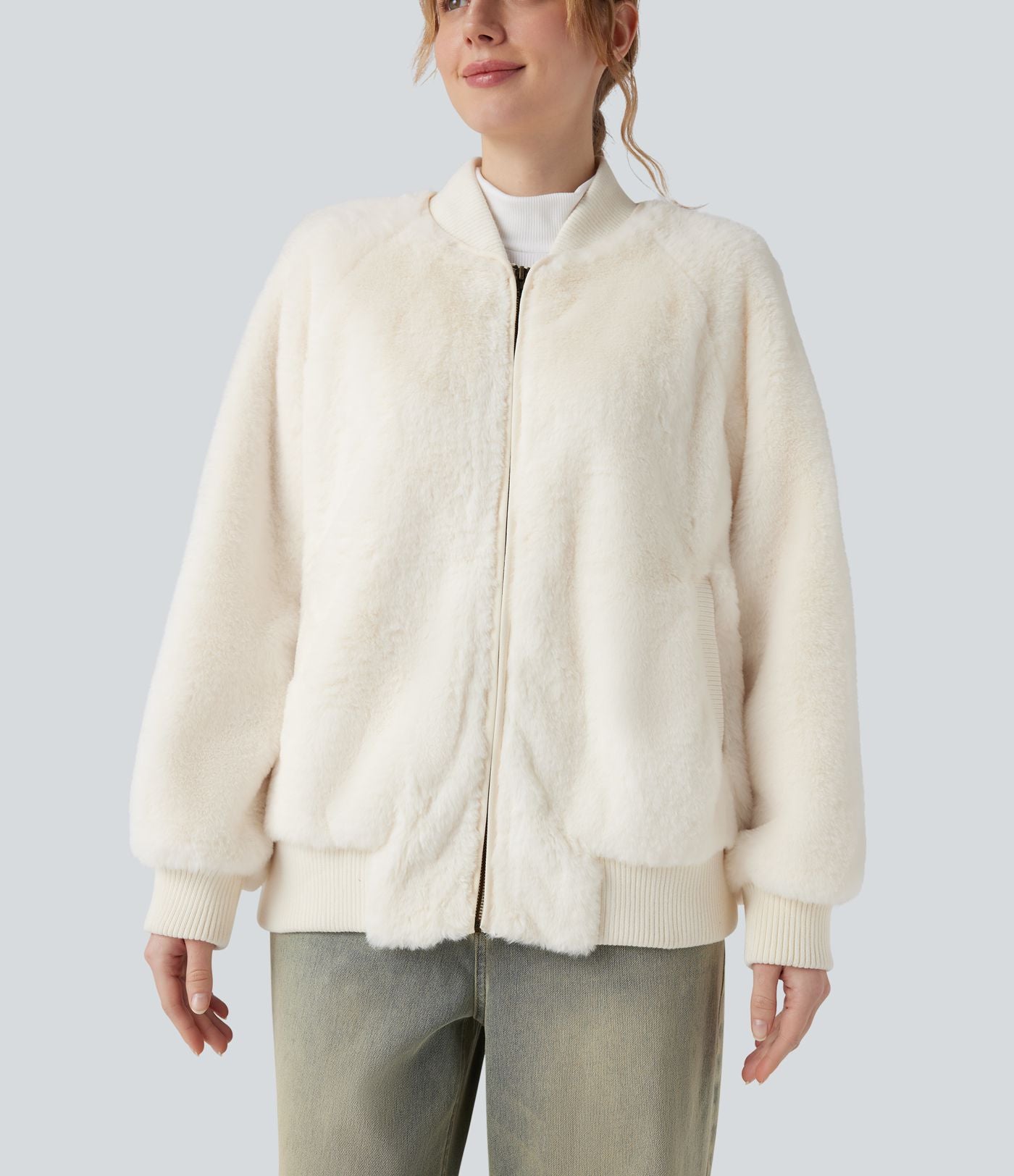 Veste bomber sherpa zippée à manches longues avec poches