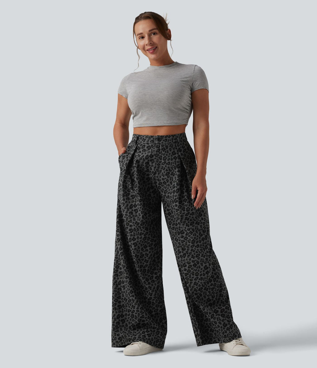 Pantalon large décontracté imprimé léopard taille mi-haute avec poches
