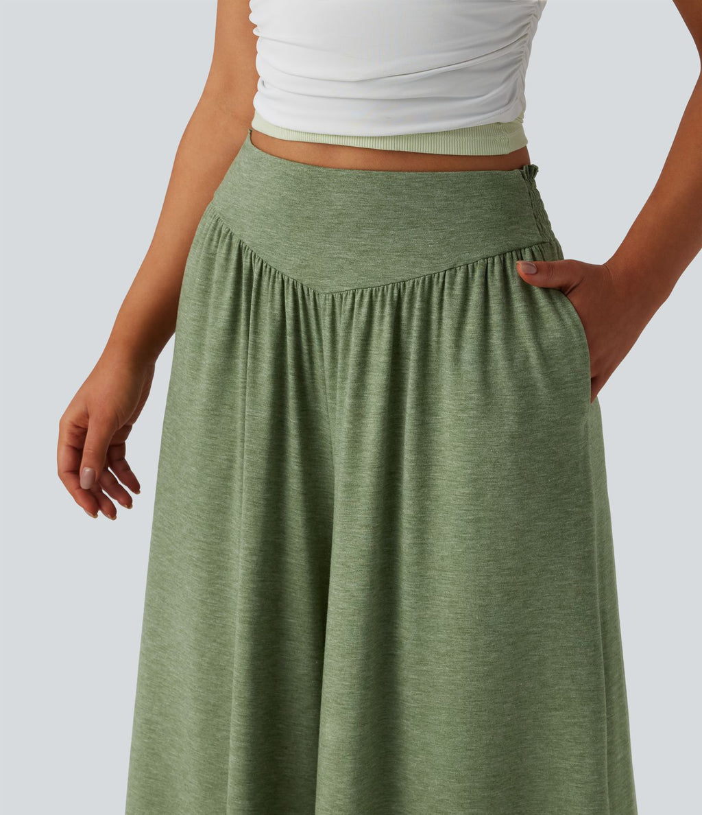 Pantalon fluide taille haute à fronces avec poches