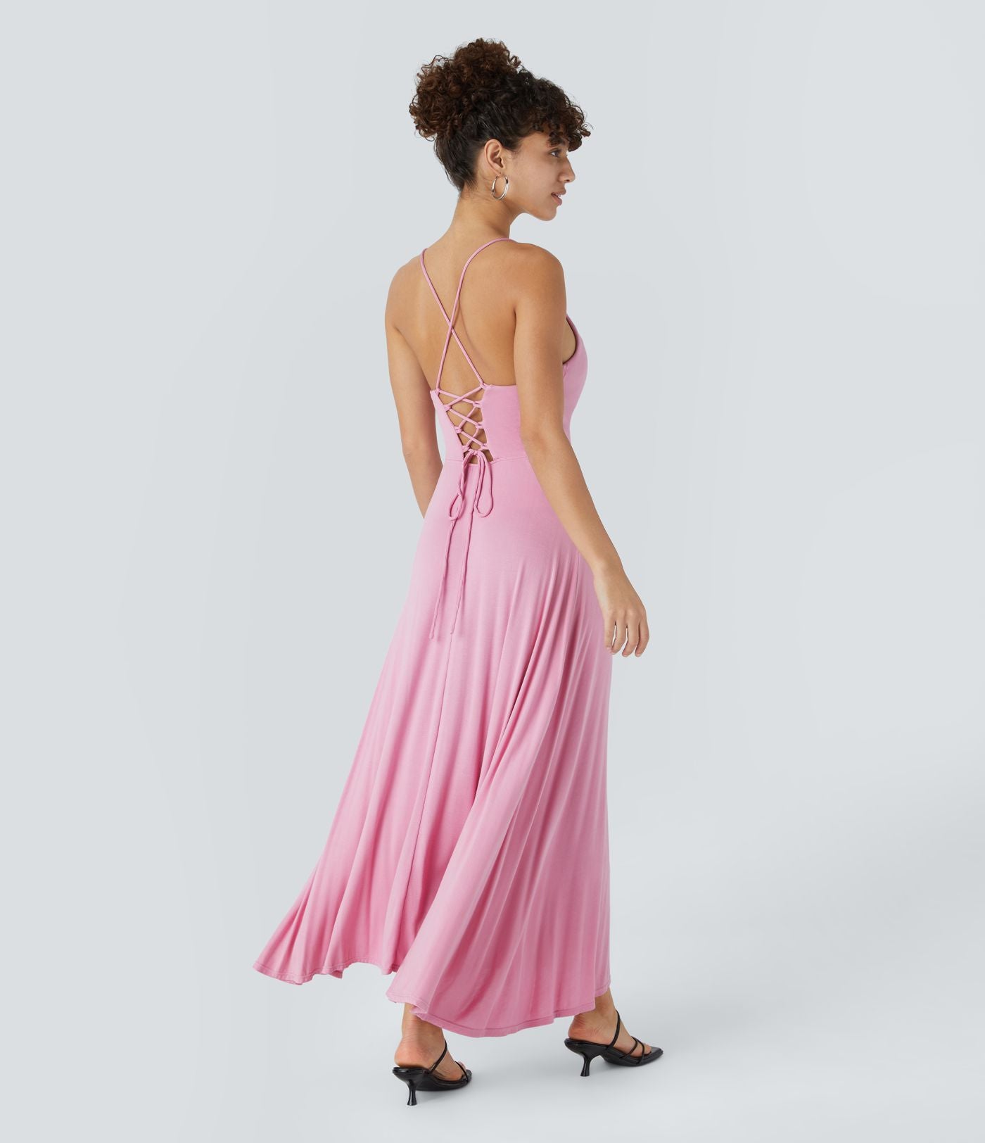 Robe Soirée Midi Encolure Côtelée Dos Nu Lacets Croisés Fendue