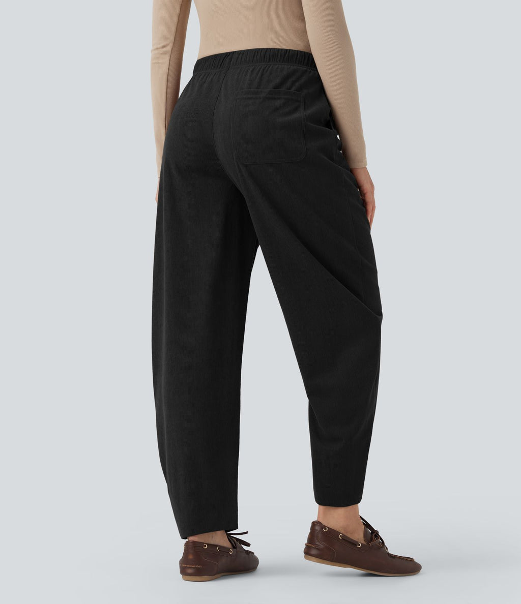 Pantalon taille mi-haute à cordon, jambe tombante en velours côtelé avec poches