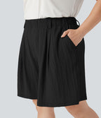 Bermuda décontracté grande taille aspect lin taille haute avec poches