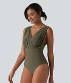 Maillot de bain une pièce col V sans manches ventre plat soutien-gorge intégré