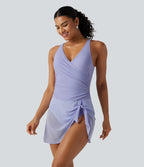 Robe de bain 2-en-1 gainante col V croisé avec fronces, ourlet asymétrique noué, mesh contrasté et brassière intégrée