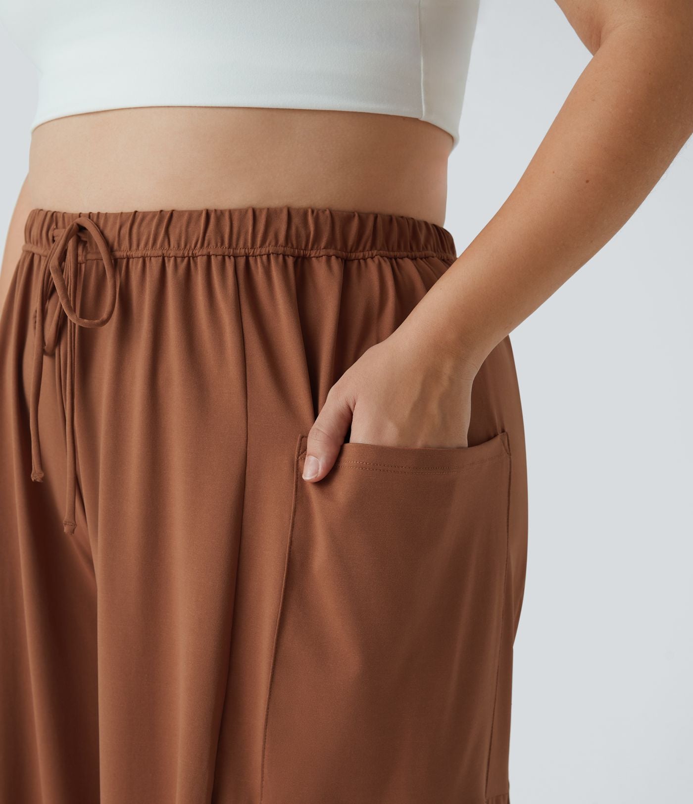 Pantalon Large Casual Taille Mi-Haute Taille Élastique Cordon Poches Latérales Ourlet Flottant Grande Taille