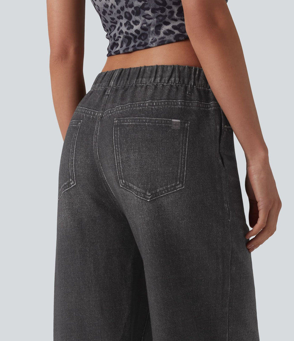 Jogging jean décontracté en molleton French Terry imprimé denim taille mi-haute avec poches