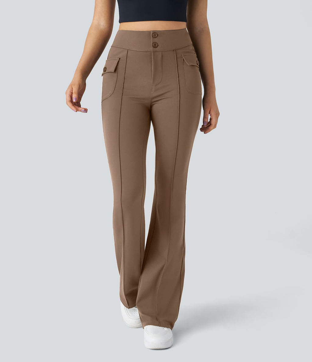 Pantalon cargo décontracté évasé taille haute avec poches à rabat latérales