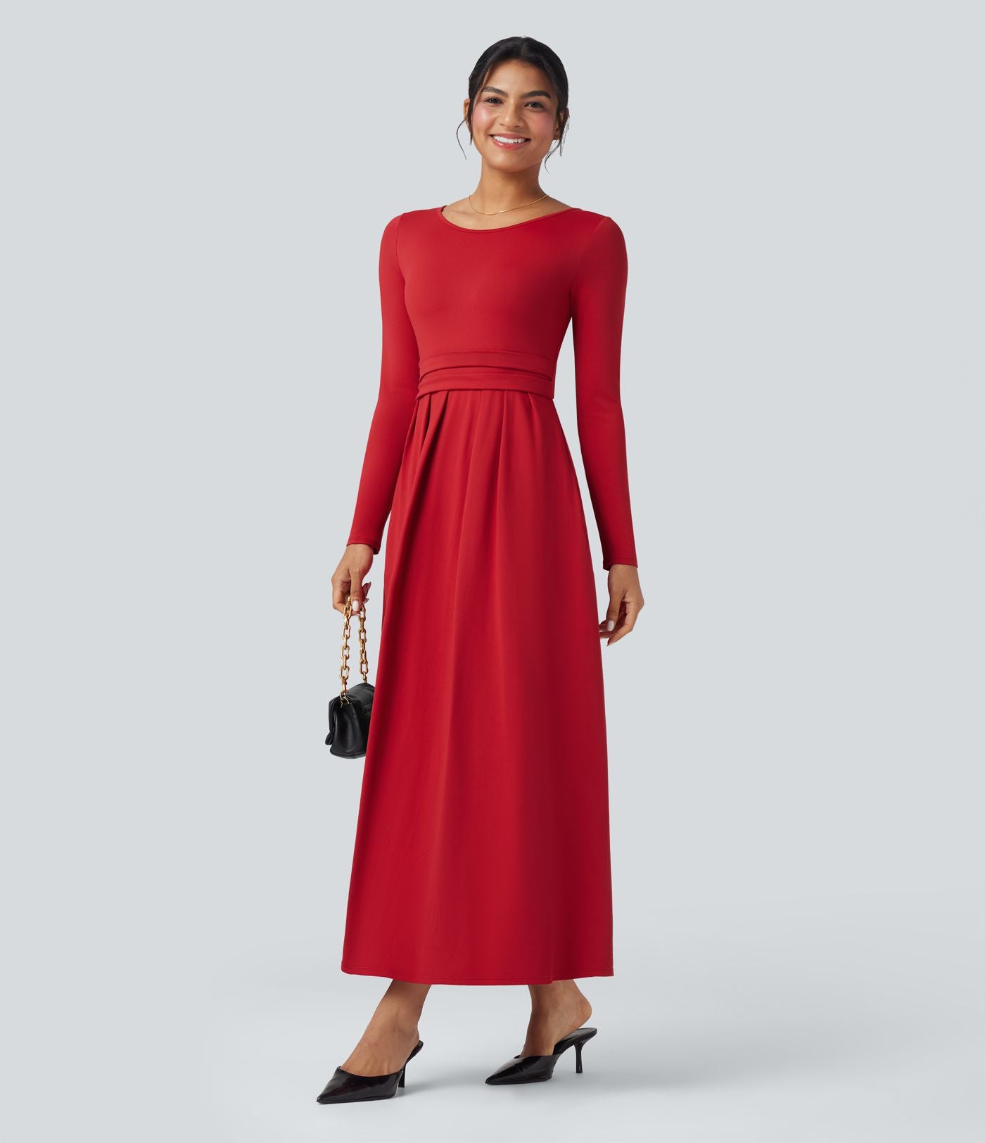 Robe longue décontractée évasée col rond plongeant manches longues avec poches