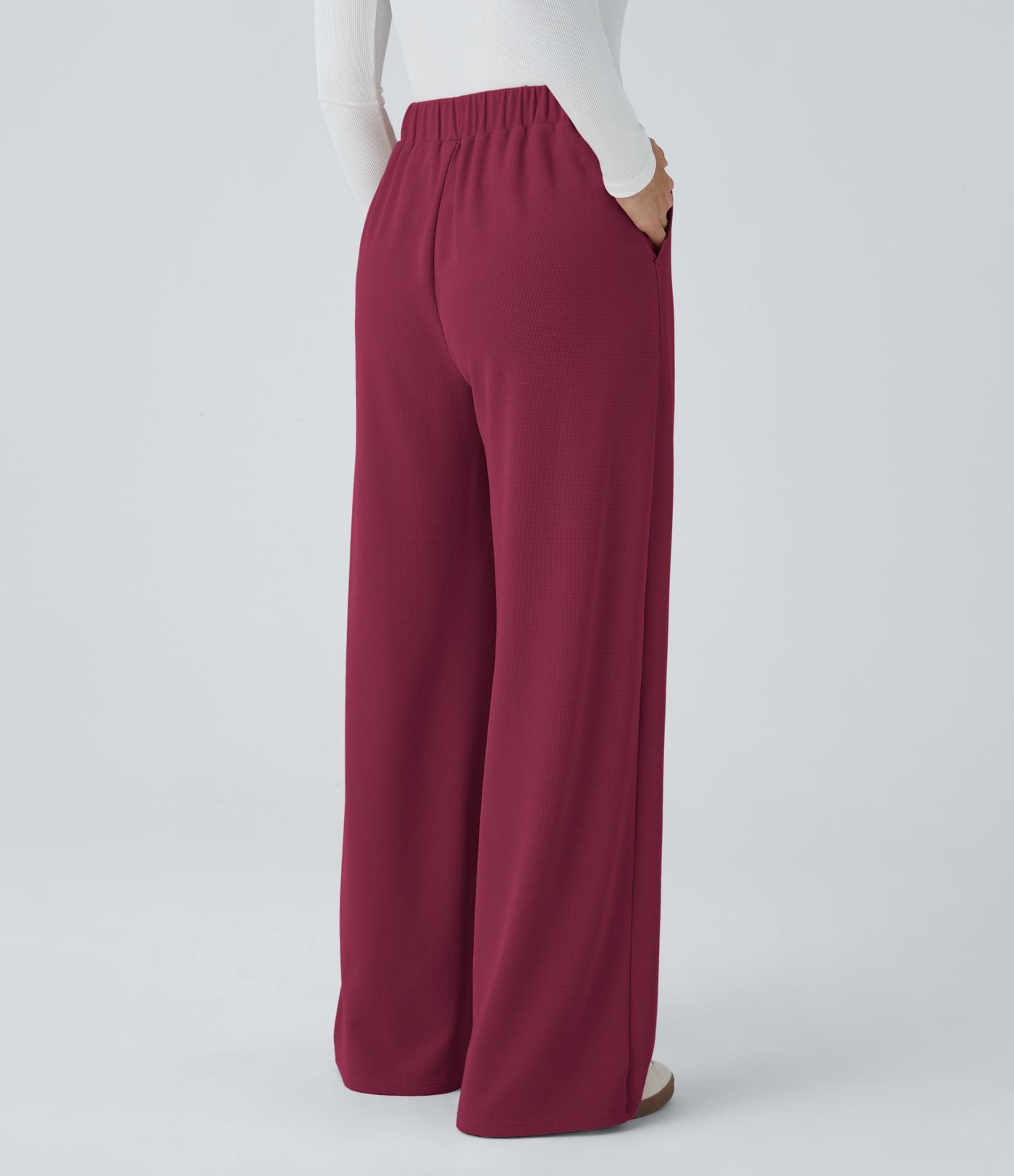 Pantalon taille haute décontracté large en maille gaufrée, avec poches