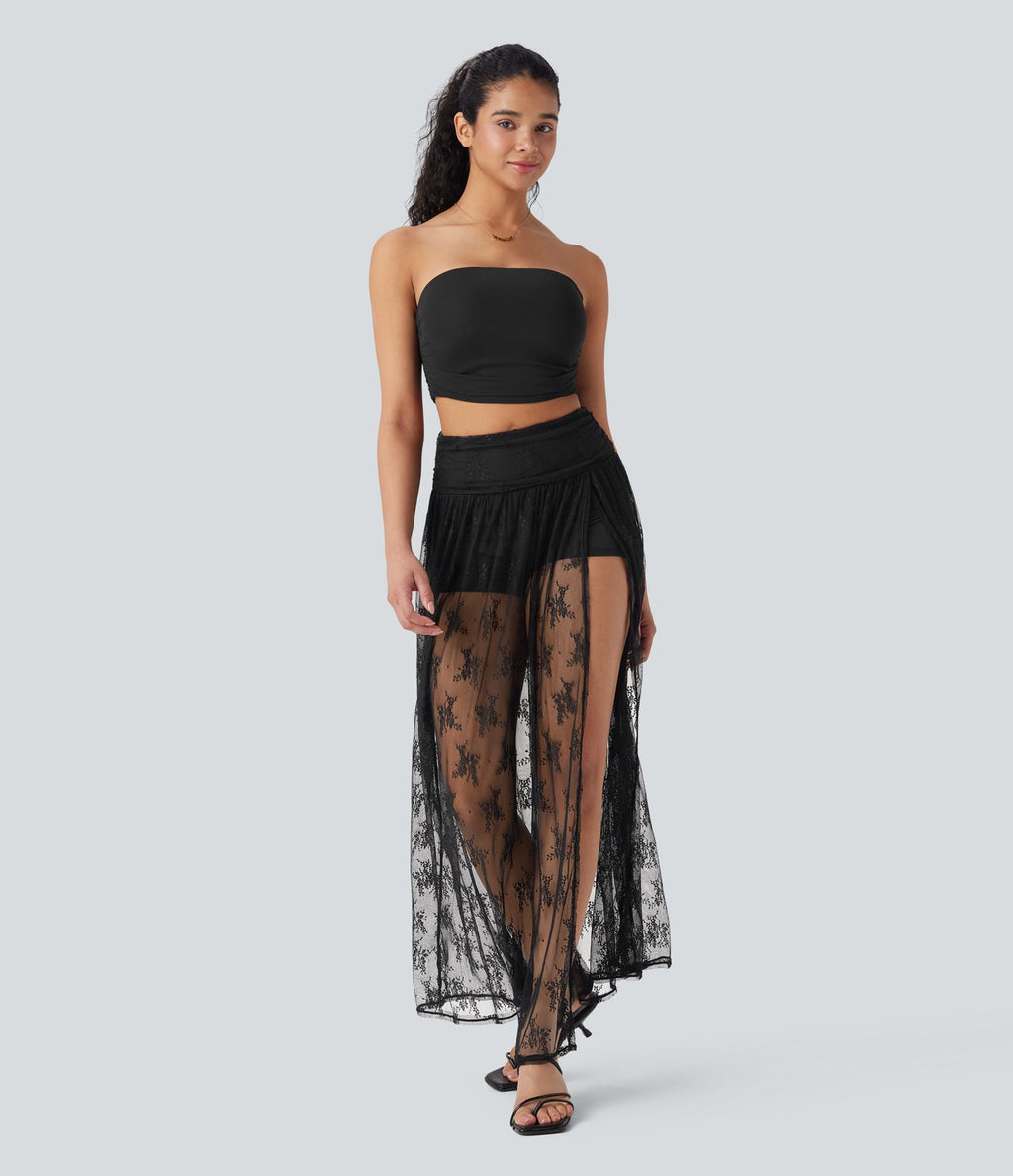 Jupe maxi décontractée 2-en-1 taille haute dentelle fendue avec poche latérale