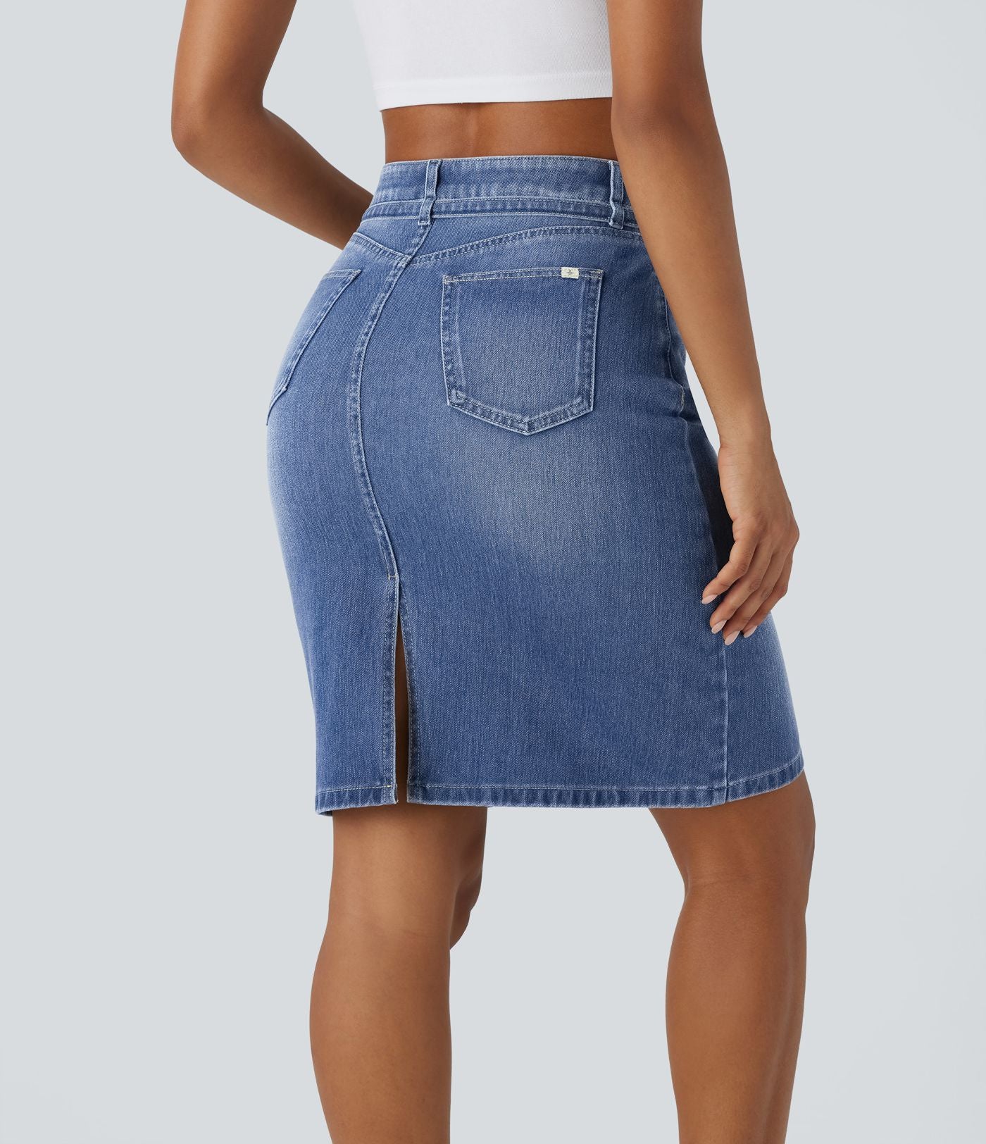 Jupe en Jean midi décontractée extensible délavée à taille moyenne avec boutons, fermeture éclair, poches multiples et fente