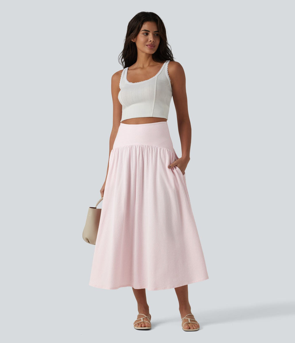 Jupe fluide midi casual taille haute à rayures en coton froissé, avec poches