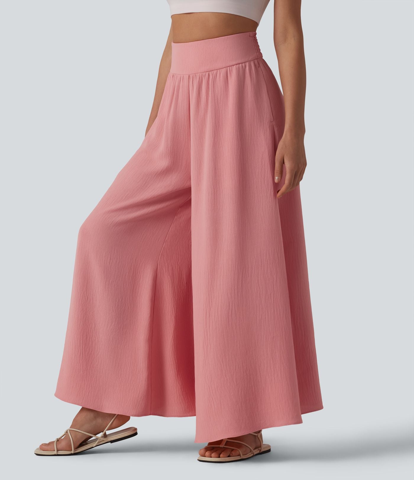 Pantalon fluide décontracté taille haute froncé aspect lin avec poches