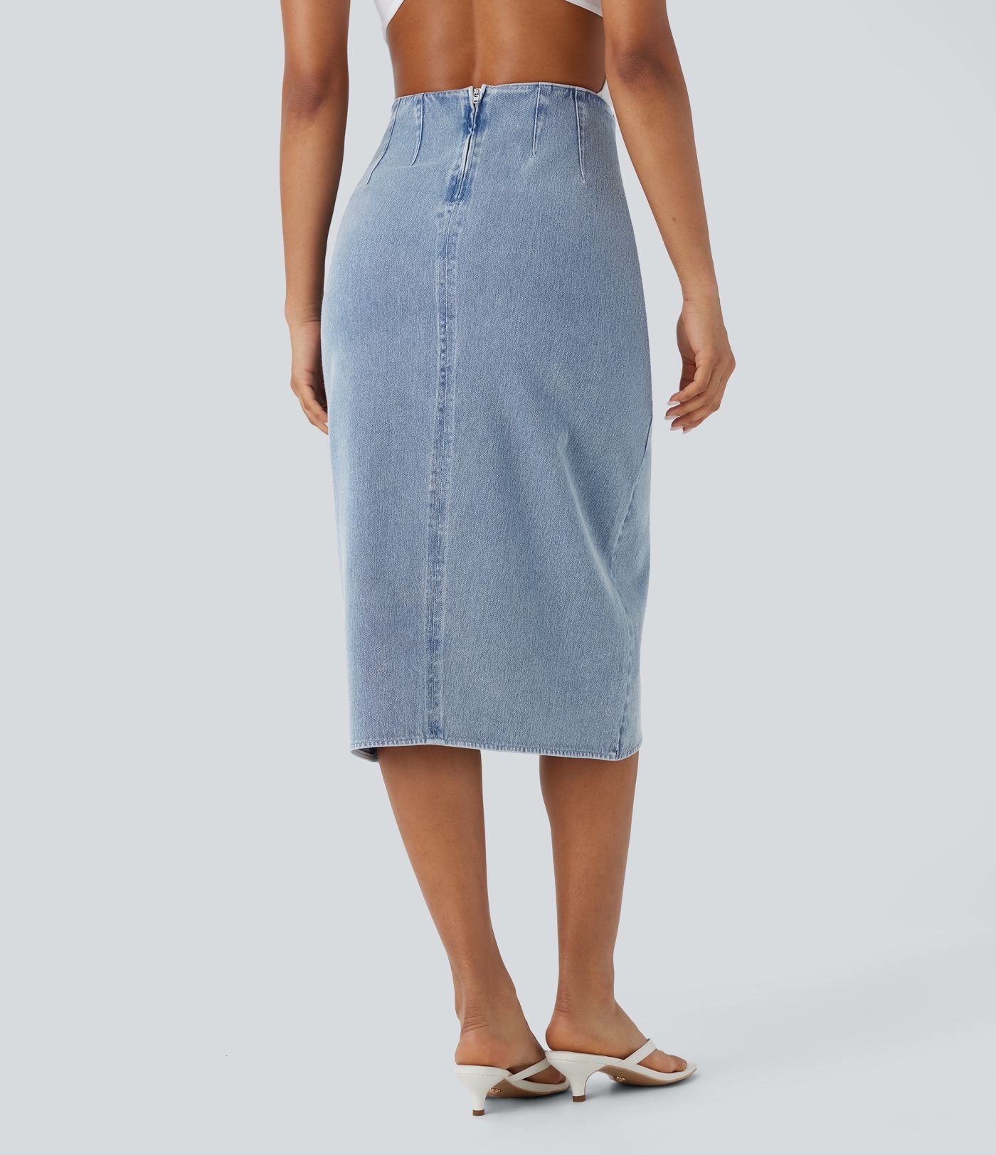Halara Flex™ Jupe en Jean midi délavé taille haute avec zip dos, effet drapé et ourlet tulipe