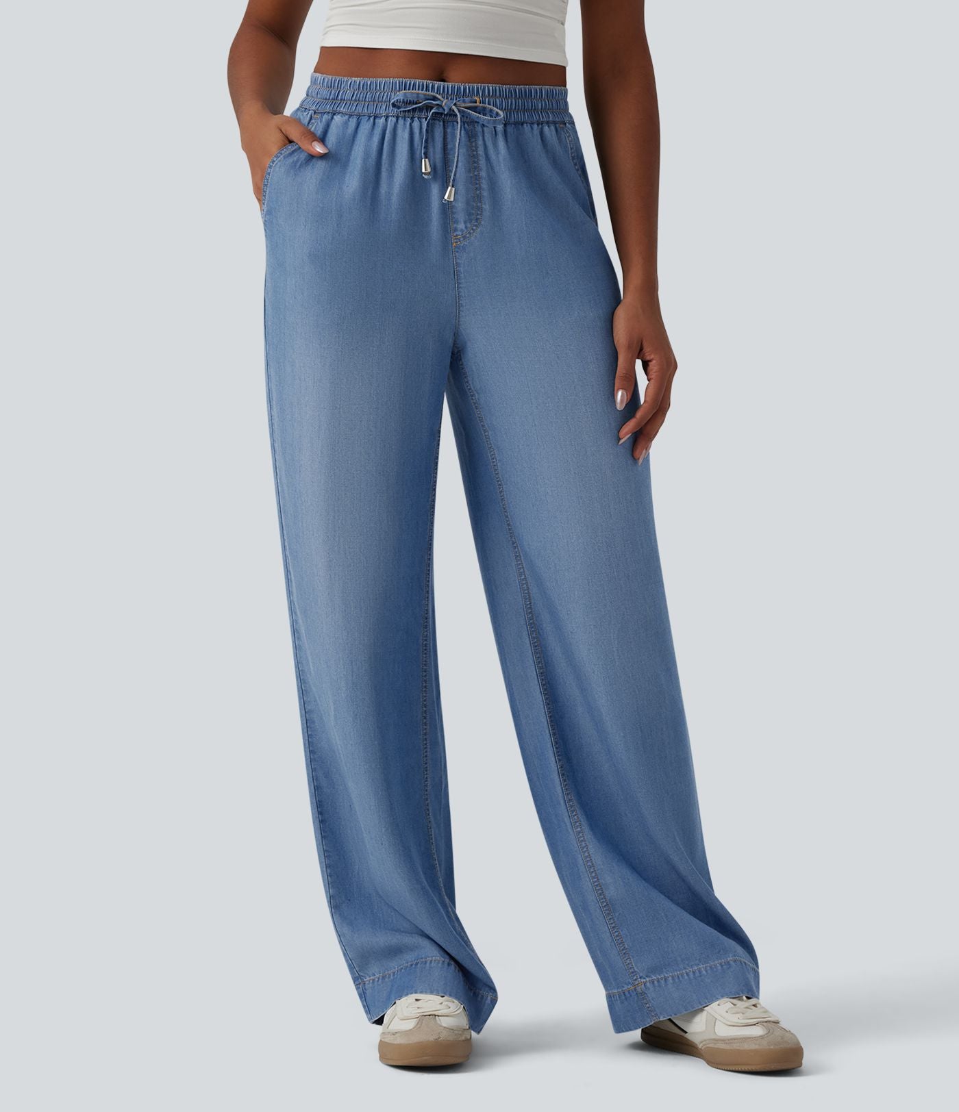 Jean large décontracté drapé taille mi-haute en lyocell avec cordon de serrage et poches