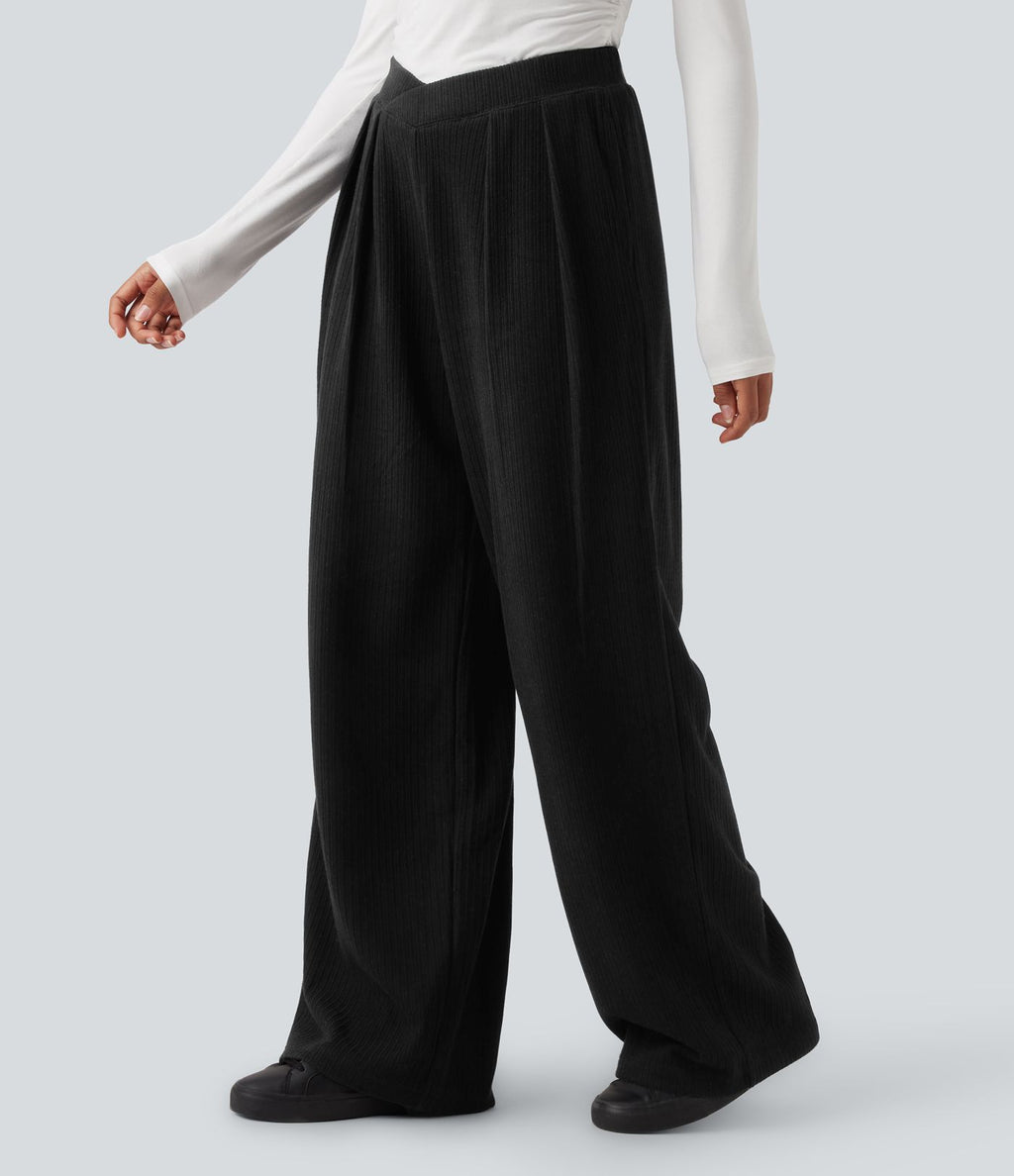 Pantalon décontracté droit côtelé, taille haute, avec poches et détail croisé