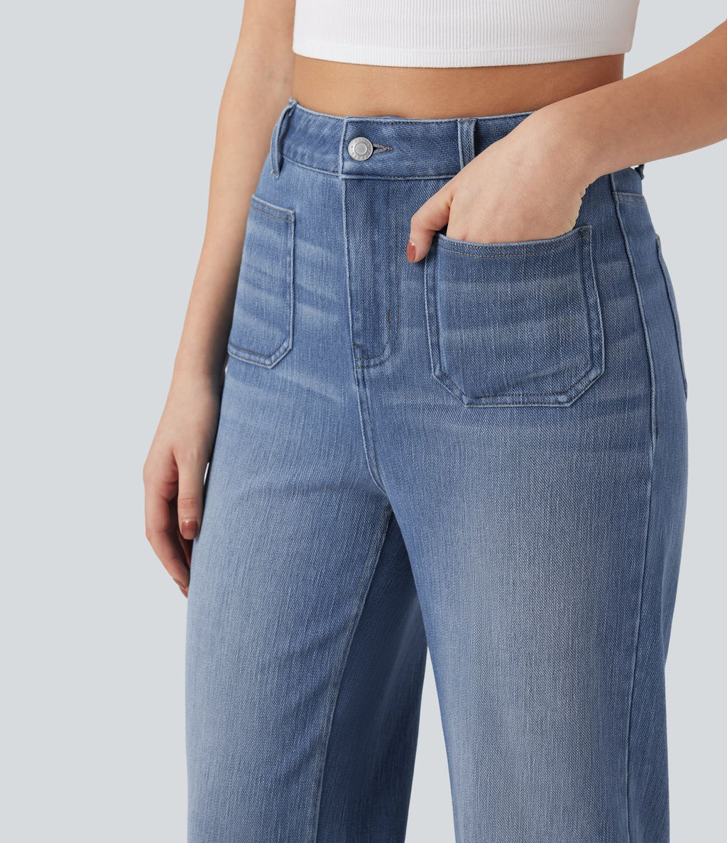 Jean droit délavé Halara Flex™ taille haute avec fente et poches