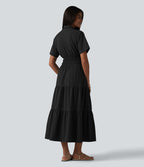 Robe-chemise midi fluide et décontractée en popeline extensible à manches courtes et poches