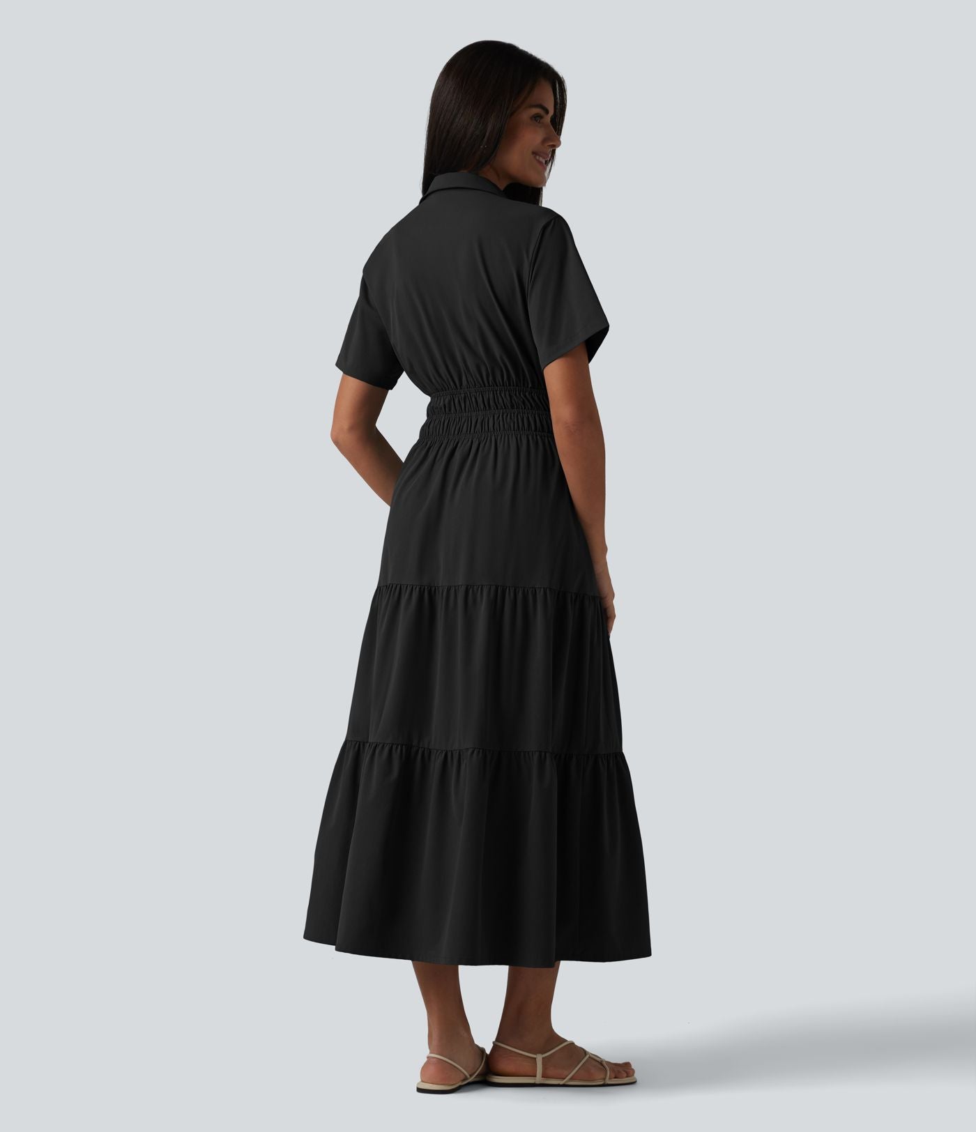 Robe-chemise midi fluide et décontractée en popeline extensible à manches courtes et poches