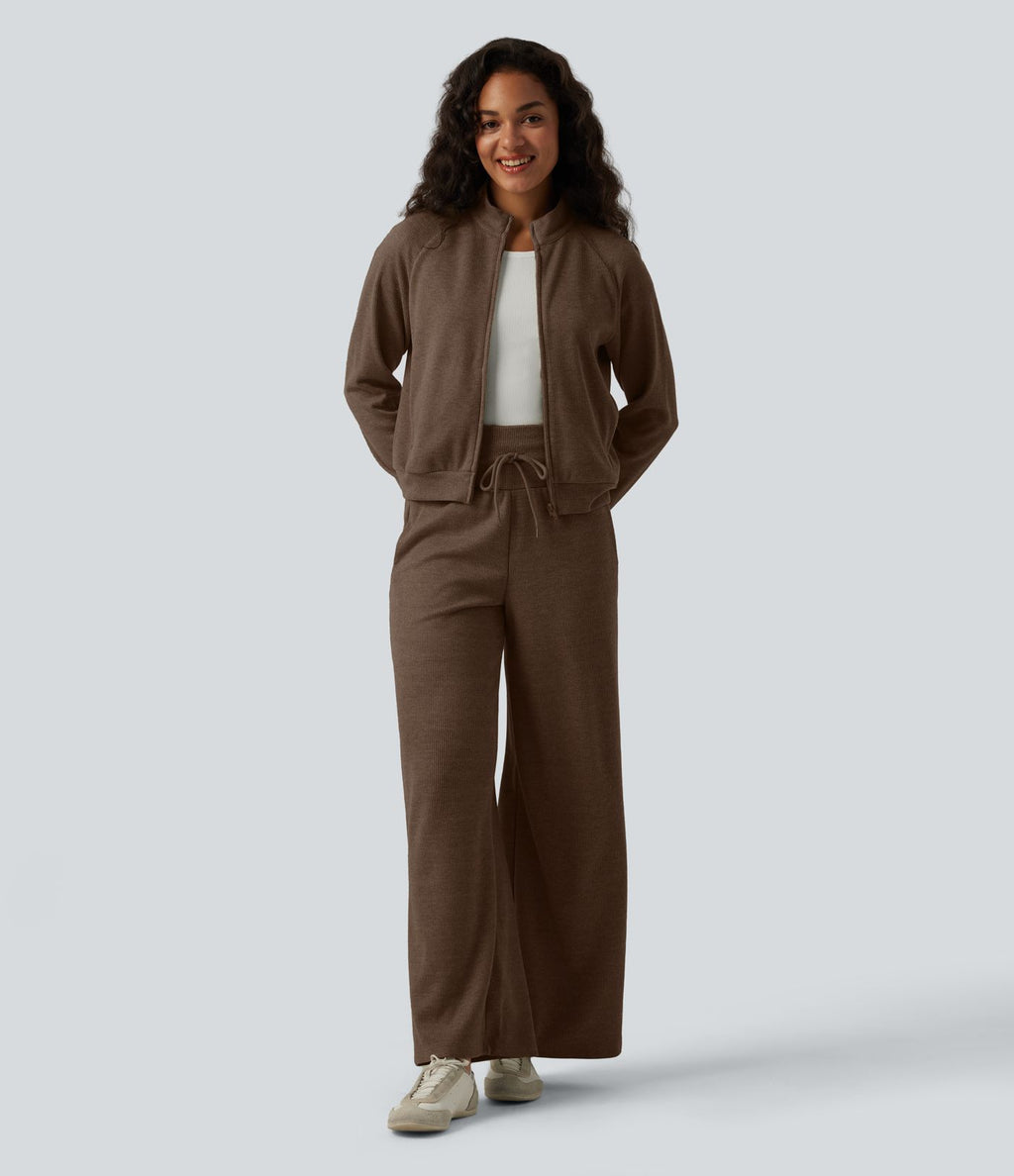 Veste casual côtelée à col montant, manches longues et fermeture zippée avec poches
