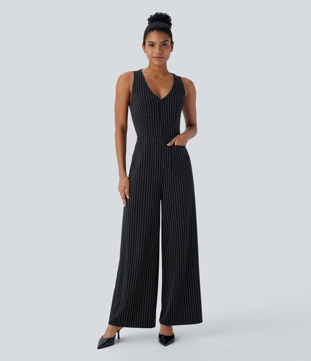 Combinaison tailleur rayée à jambes larges, décolleté en V, découpe et poches