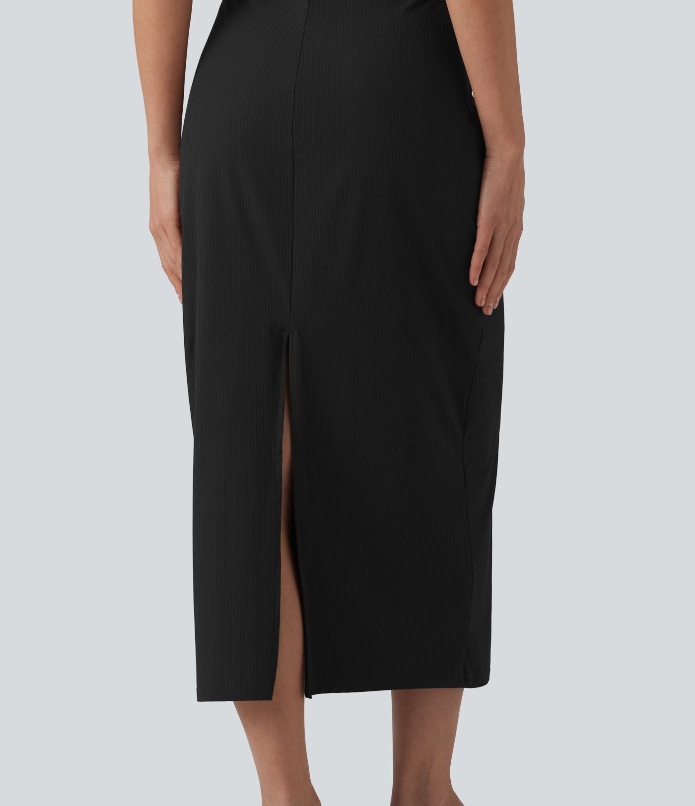 Robe midi moulante décontractée côtelée à col rond sans manches avec soutien-gorge intégré