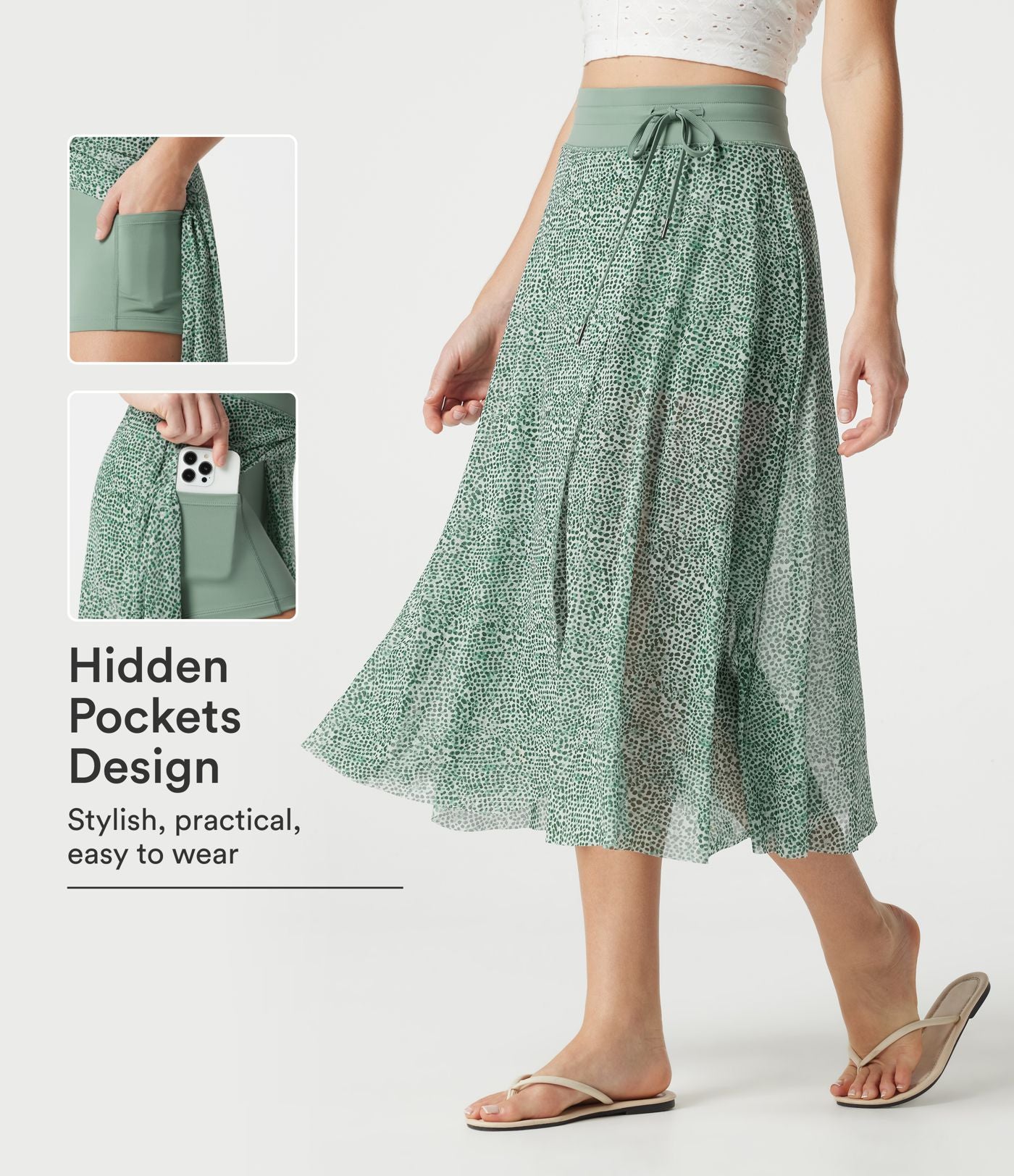Jupe midi évasée fluide 2-en-1 taille haute imprimé léopard, cordon de serrage et empiècements en maille contrastée, avec poches