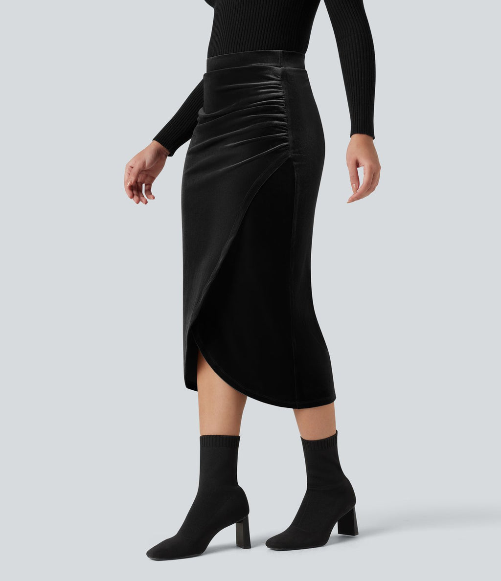 Jupe tulipe mi-longue velours taille haute