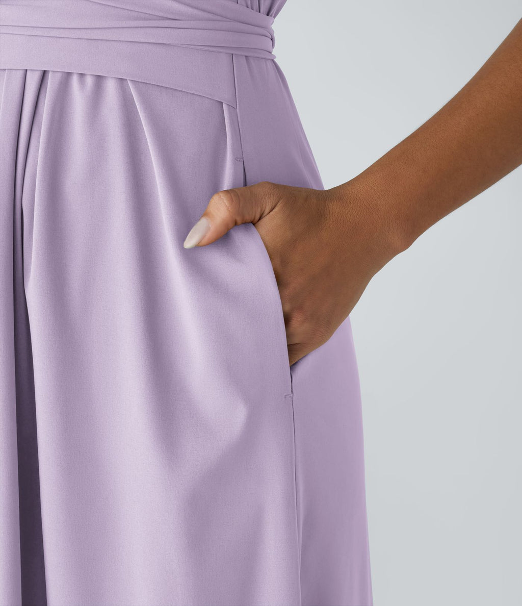 Breezeful™ Robe Mi-Longue Col en V Manches Courtes Poche Latérale Nouée au Dos Séchage Rapide