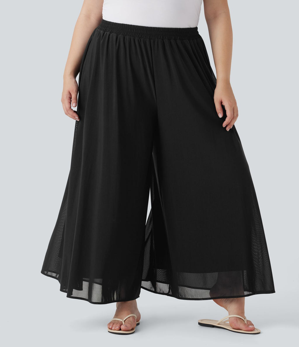 Pantalon décontracté grande taille taille haute large à superposition mesh avec poches latérales