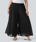 Pantalon décontracté grande taille taille haute large à superposition mesh avec poches latérales