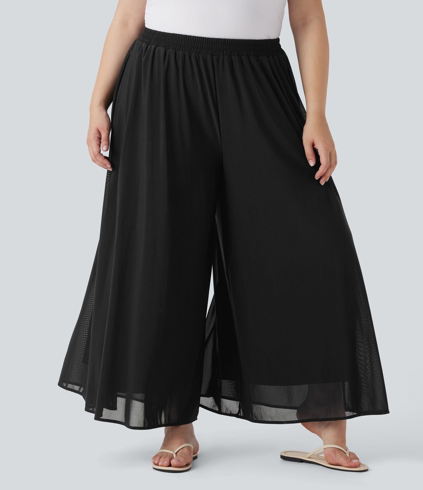 Pantalon décontracté grande taille taille haute large à superposition mesh avec poches latérales