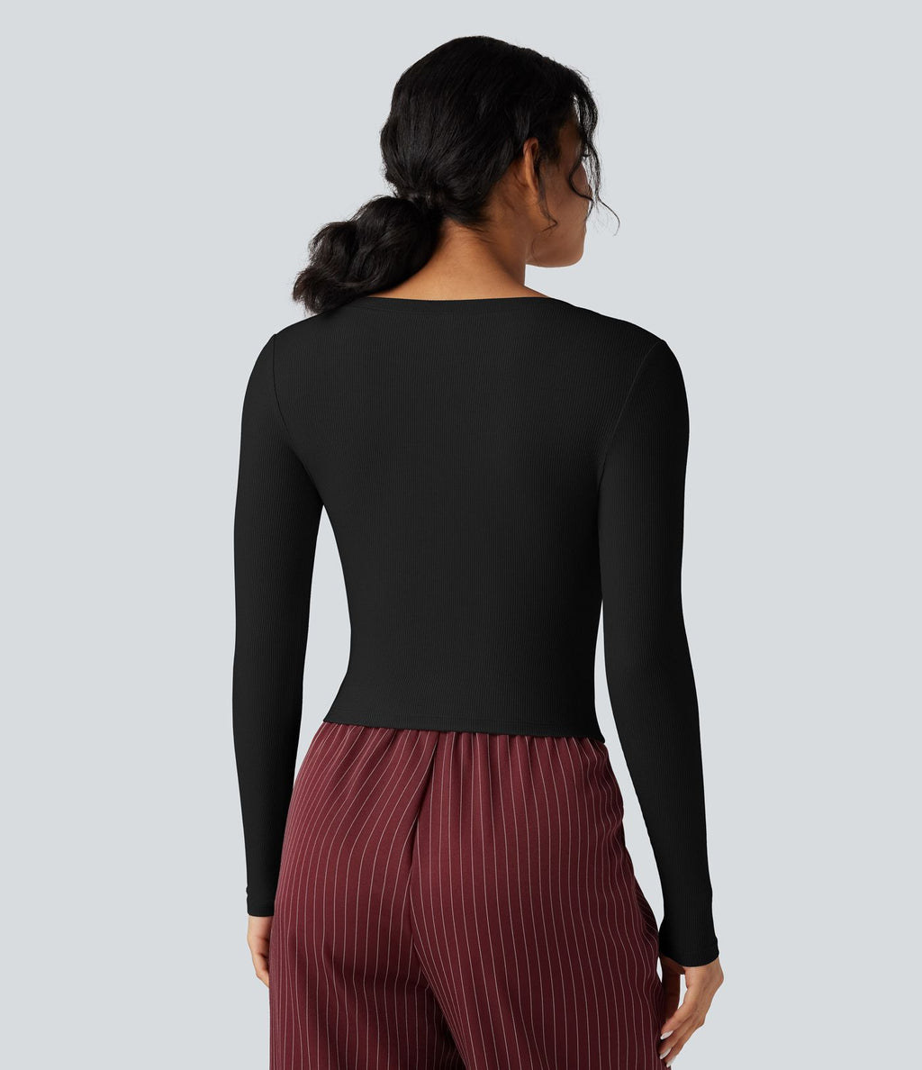 T-shirt tailleur côtelé court col V manches longues