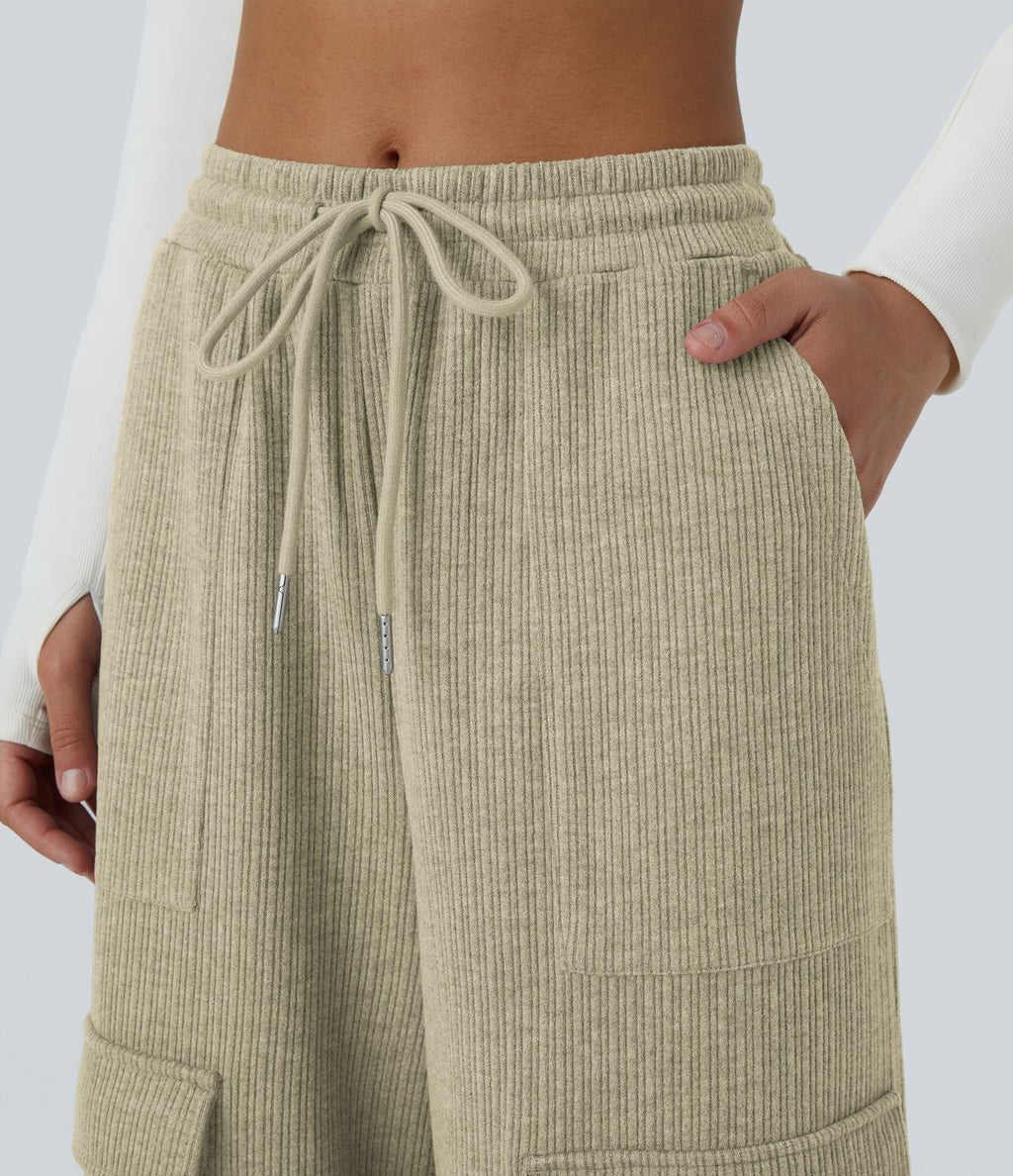 Pantalon cargo décontracté large à cordon côtelé, taille mi-haute, avec poches