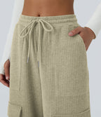 Pantalon cargo décontracté large à cordon côtelé, taille mi-haute, avec poches