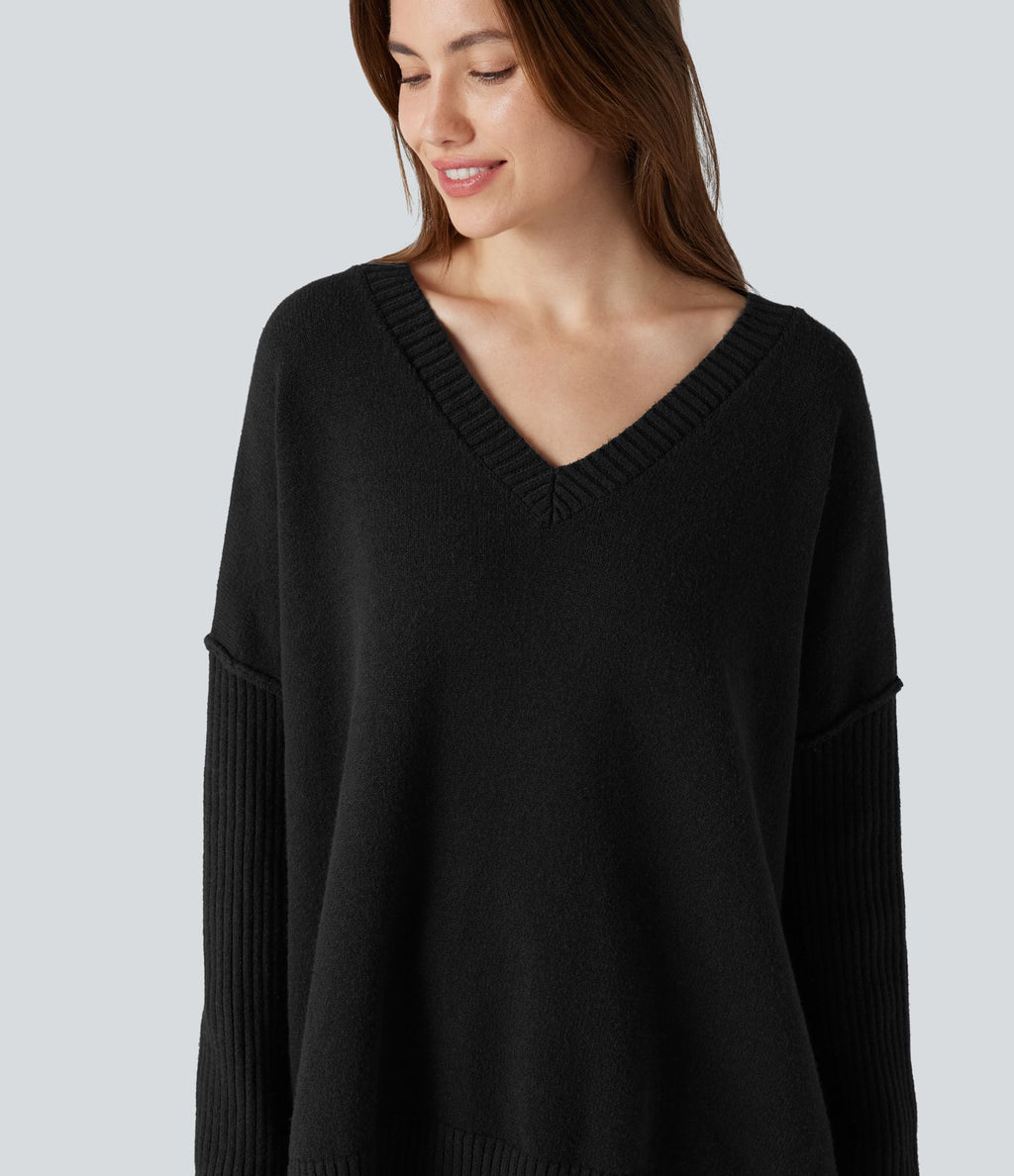 Pull col V manches raglan longues coupe décontractée