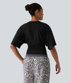 T-shirt décontracté col rond à manches mi-longues et fronces
