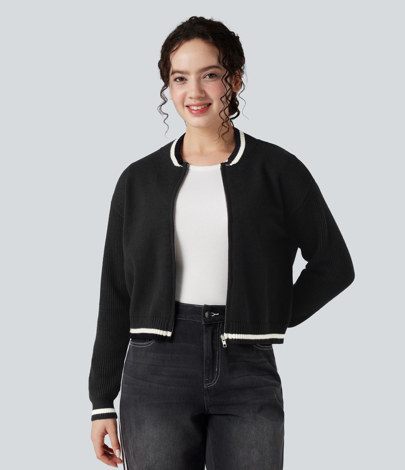 Cardigan color block col rond manches longues