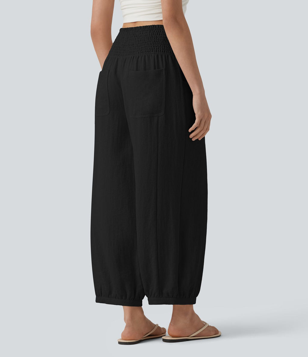 Pantalon casual bouffant aspect lin avec fronces taille haute et poches