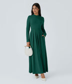 Robe longue décontractée à col montant, manches longues, plissée, avec poches latérales et coupe évasée