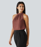 Blouse Travail Sans Manches Ourlet Courbé Col Haut Découpe au Dos Plis