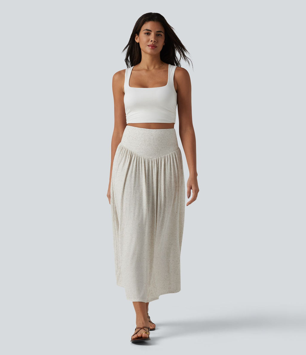 Jupe midi fluide casual taille haute ventre plat en maille côtelée mélange lin