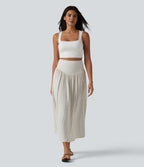 Jupe midi fluide casual taille haute ventre plat en maille côtelée mélange lin