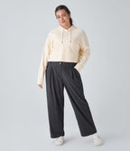 Pantalon Casual Grande Taille Velours Côtelé Taille Mi-haute Boutonnés Fermeture Éclair Poches Latérales