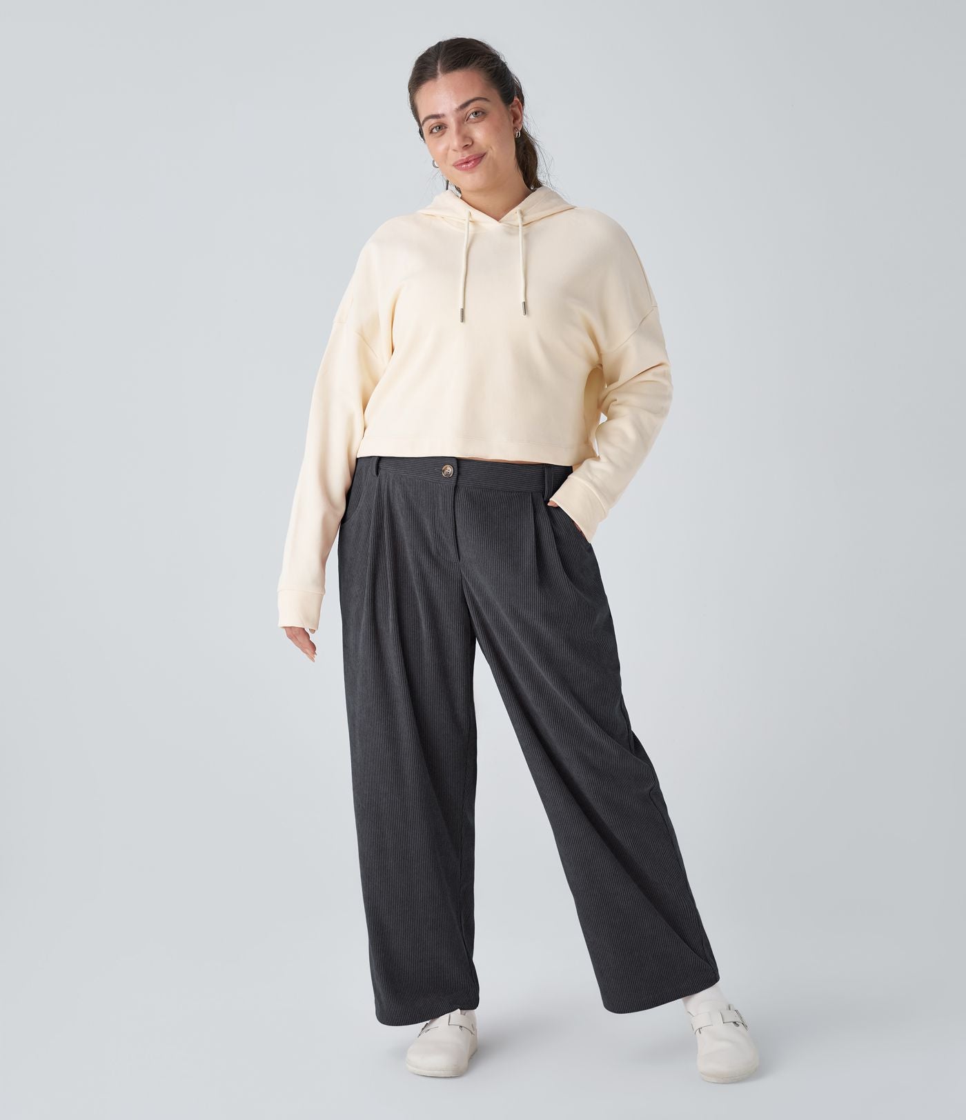 Pantalon Casual Grande Taille Velours Côtelé Taille Mi-haute Boutonnés Fermeture Éclair Poches Latérales