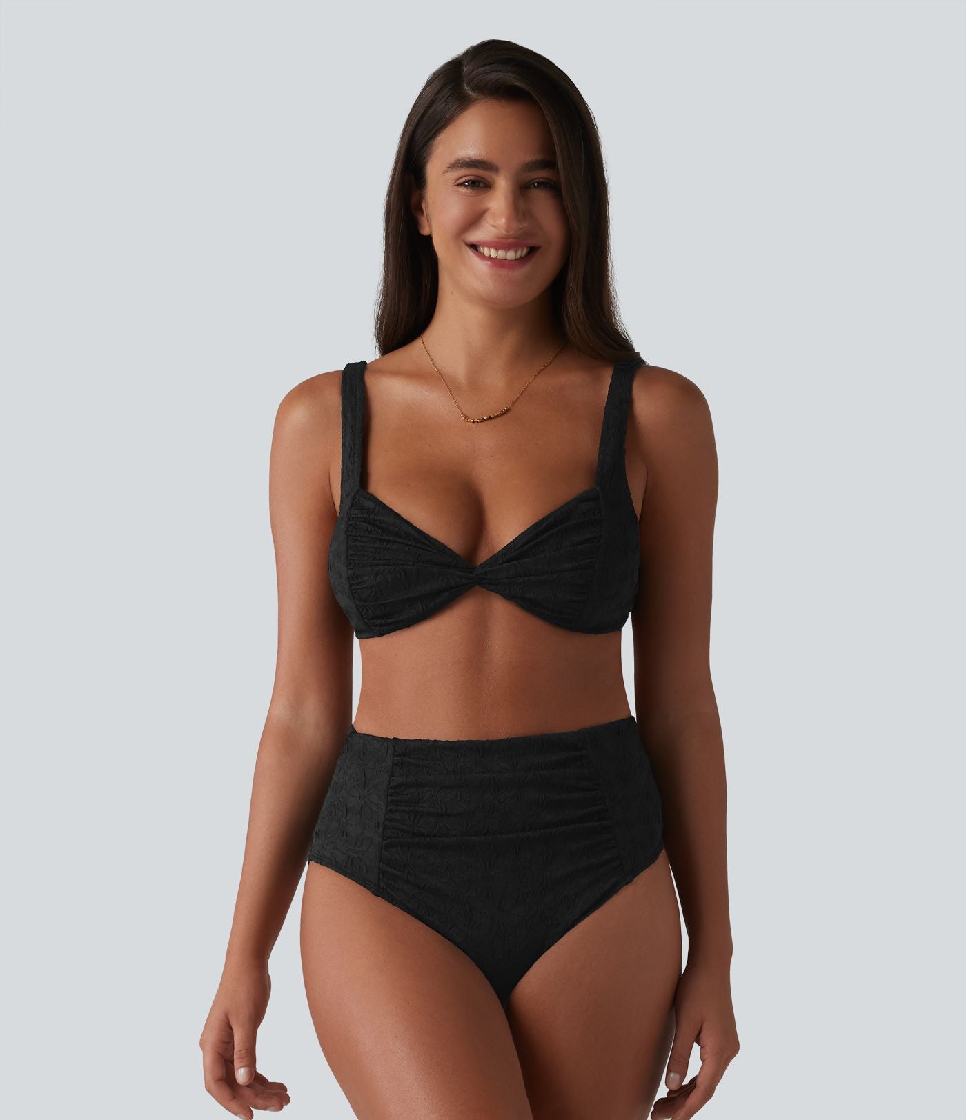 Ensemble bikini jacquard ventre plat bretelles réglables détail torsadé et froncé