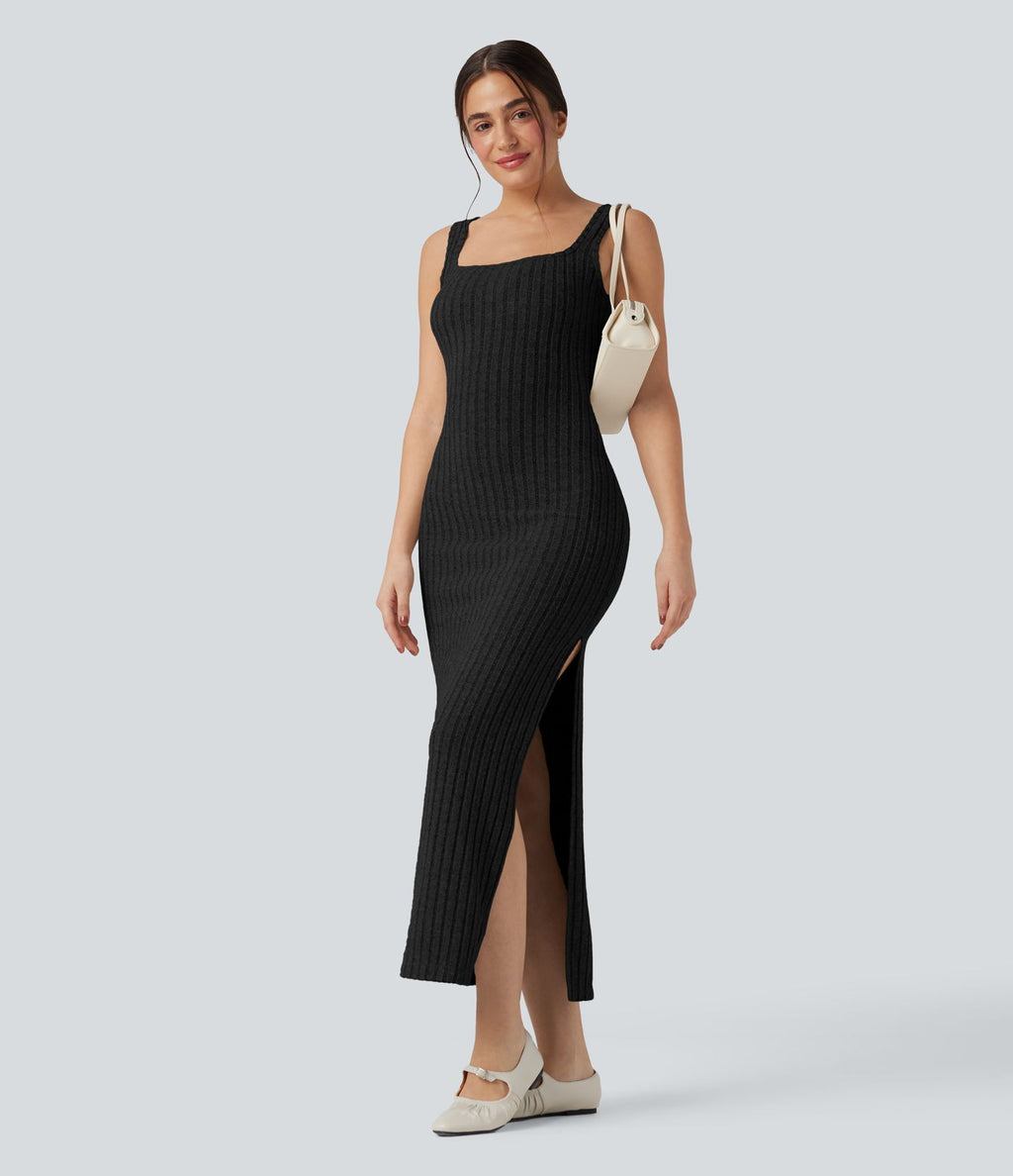 Robe longue moulante décontractée maille côtelée col carré sans manches dos torsadé avec fente