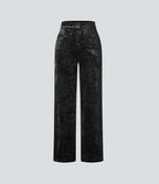 Pantalon Casual en Velours Taille Haute avec Bouton Multipoches Droites