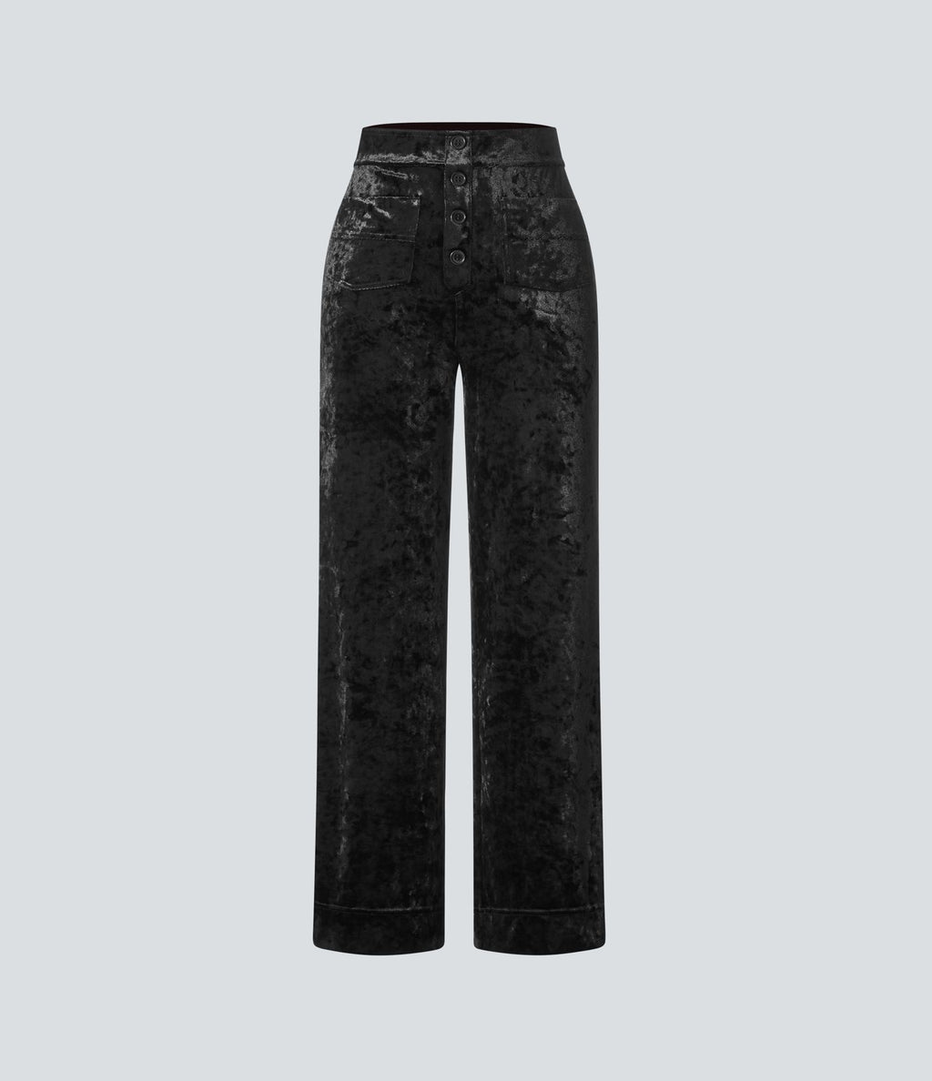 Pantalon en Velours Taille Haute avec Bouton Multipoches Droites