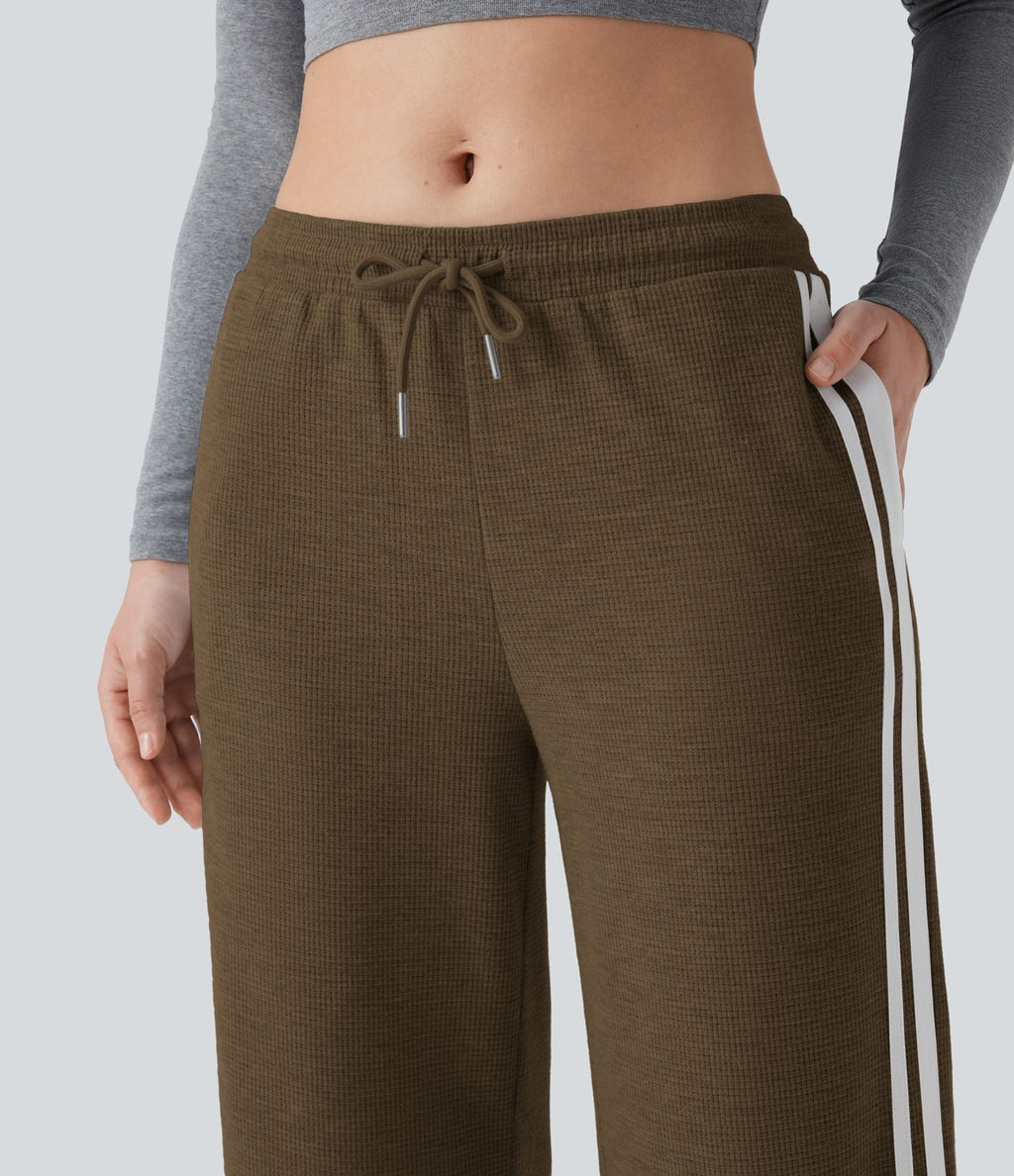 Pantalon jogging décontracté large taille basse à cordon en gaufre à blocs de couleurs avec boutons-pression fendus et poches